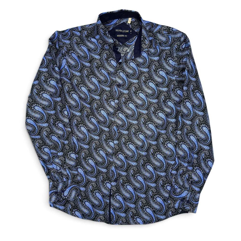 Silver Stone Medium Blue and Black Paisley Print Long Sleeve Dress Shirt